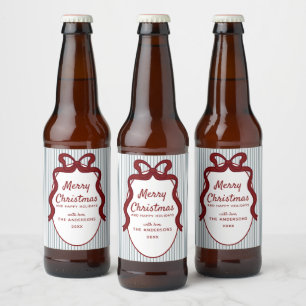 Red Blue Stripes & Bow Frame Christmas  Beer Bottle Label