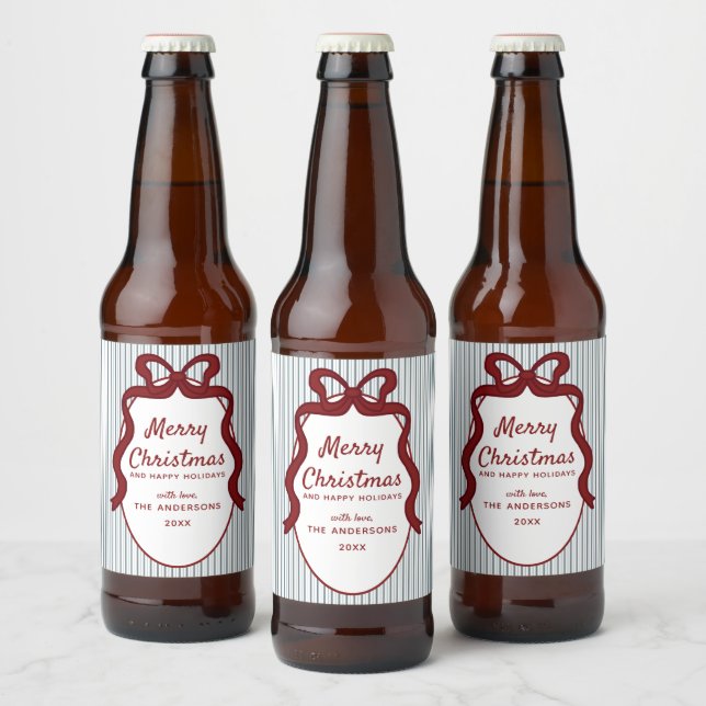 Red Blue Stripes & Bow Frame Christmas  Beer Bottle Label (Bottles)