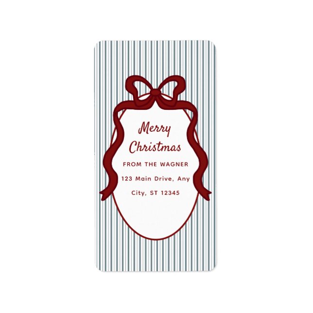Red Blue Stripes & Bow Frame Christmas  Label (Front)