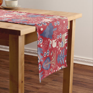 Red Blue Tan Scandinavian Christmas Pattern Short Table Runner