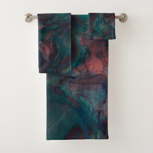 red, blue, teal and Purple Marble abstract Bath Towel Set (Insitu)