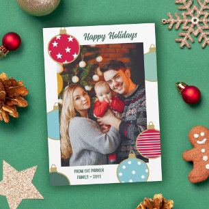 Red Blue Teal Christmas Baubles Happy Holidays Holiday Card