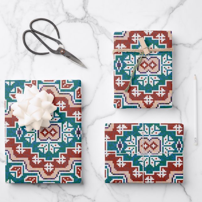 Red Blue Teal Native American Indians Navajo Wrapping Paper Sheet (Front)