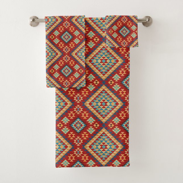 Red Blue Teal Orange Yellow Oriental Kilim Pattern Bath Towel Set (Insitu)