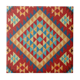 Red Blue Teal Orange Yellow Oriental Kilim Pattern Tile