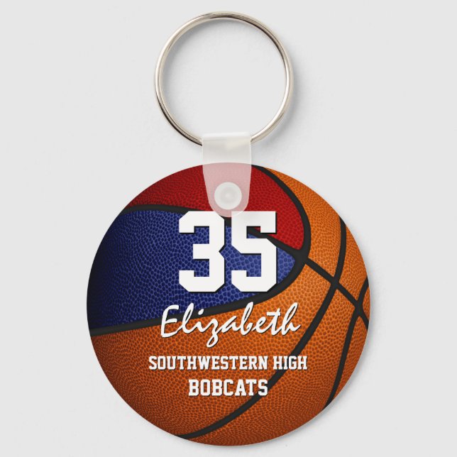 Red blue team colours girls boys basketball key ring (Front)
