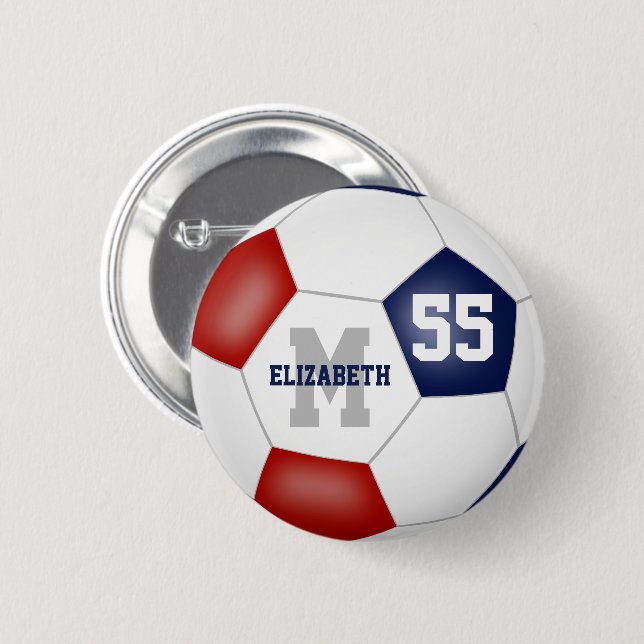 red blue team colours girls soccer personalised 6 cm round badge (Front & Back)