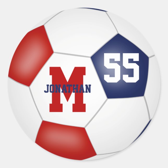 red blue team colours soccer ball personalised classic round sticker (Front)