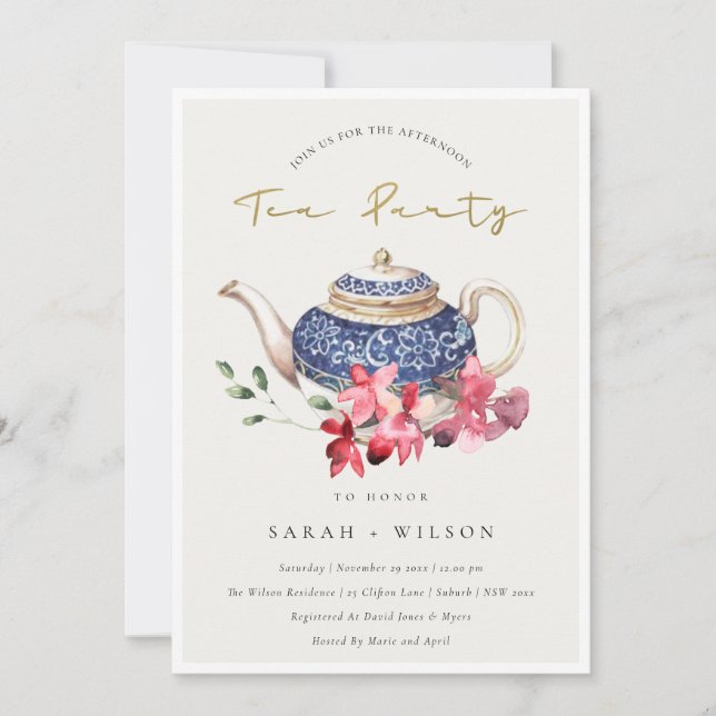 Red Blue Teapot Floral Afternoon Tea Party Invite (Front)