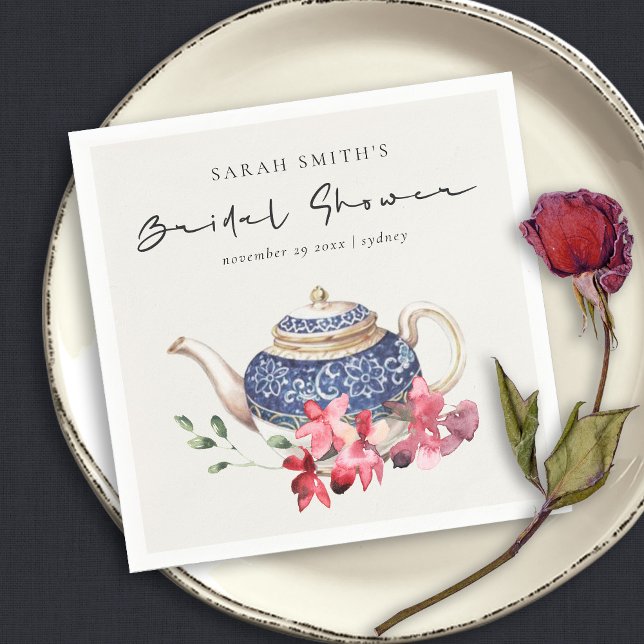 Red Blue Teapot Floral Bridal Shower Tea Party Napkin (Creator Uploaded)