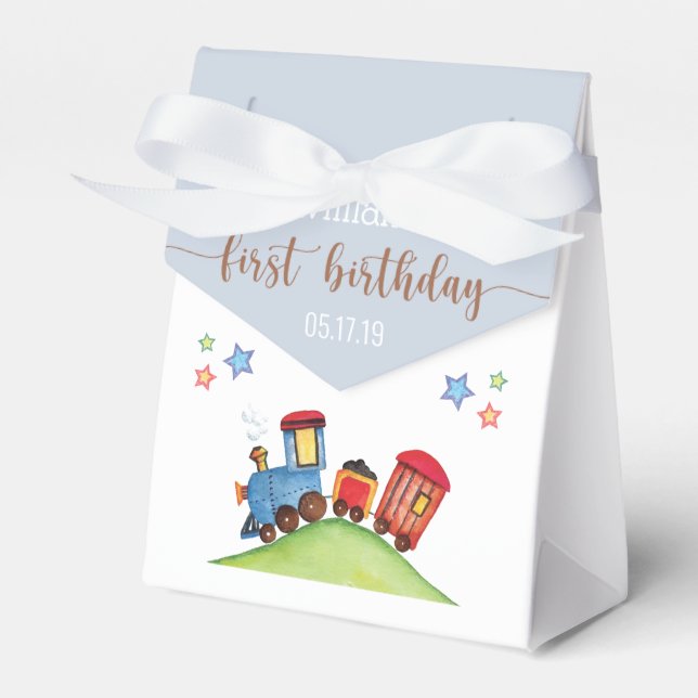 Red Blue Train 1st Birthday Party Thank You Favour Box (Front Side)