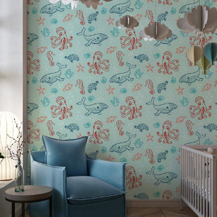 Red Blue Under the Sea Pattern Nursery Wallpaper