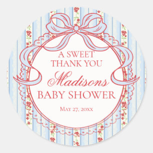 Red Blue Vintage Fancy Floral Baby Shower Circle Classic Round Sticker