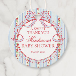 Red Blue Vintage Fancy Floral Baby Shower Circle Favour Tags