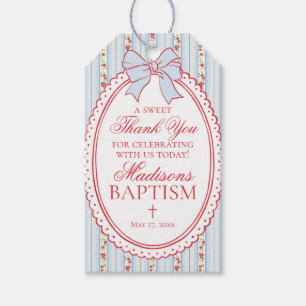 Red & Blue Vintage Fancy Floral Baptism Favors Gift Tags