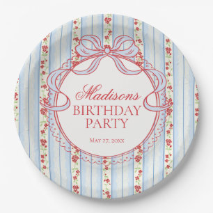 Red & Blue Vintage Fancy Floral Birthday Party Paper Plate