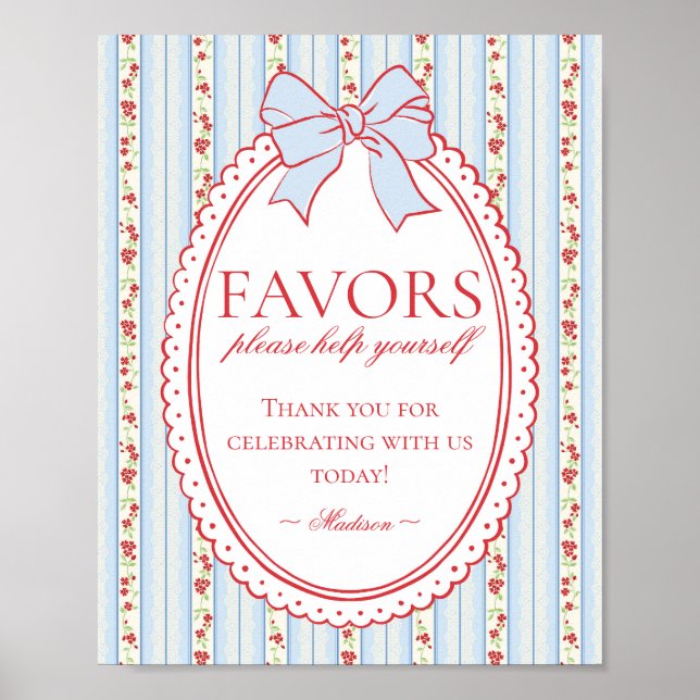Red & Blue Vintage Fancy Floral Favours Sign (Front)