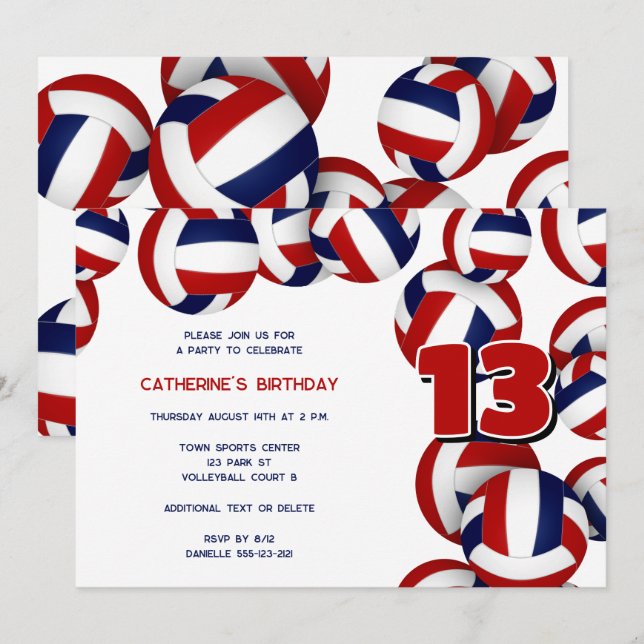 red blue volleyballs girls boys birthday party invitation (Front/Back)