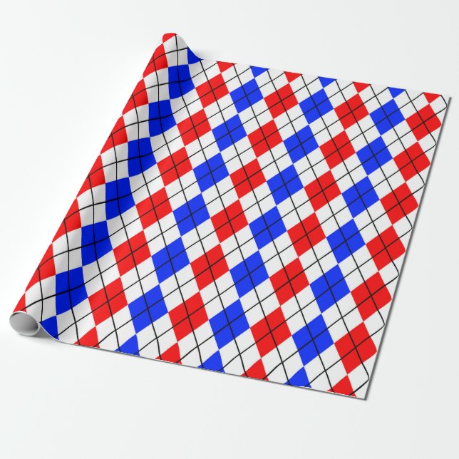 Red Blue White Argyle Diamond Pattern Design  Wrapping Paper (Unrolled)