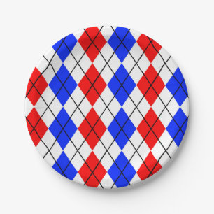 Red Blue White Argyle Plaid Design Paper Plate