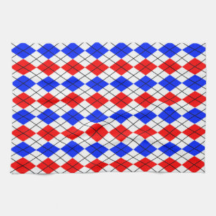 Red Blue White Argyle Plaid Design Tea Towel