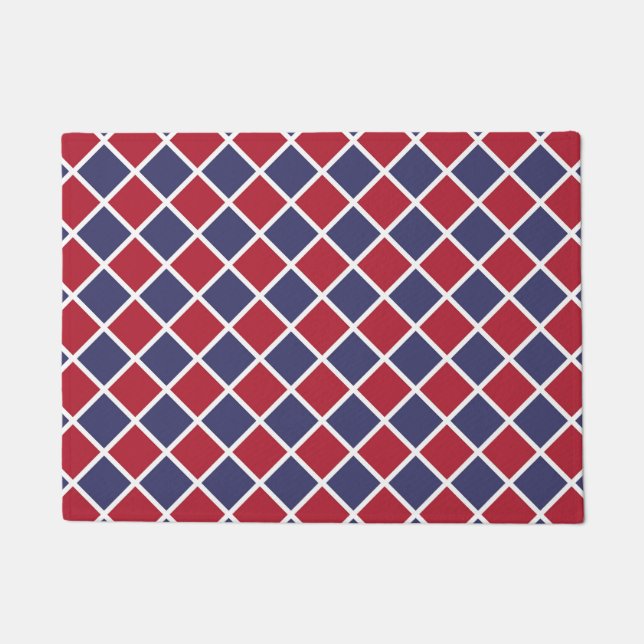 Red Blue White Harlequin Diamond Chequered Pattern Doormat (Front)