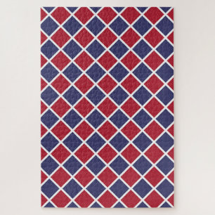 Red Blue White Harlequin Diamond Chequered Pattern Jigsaw Puzzle