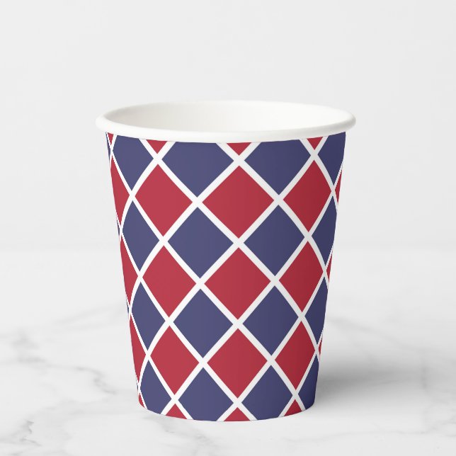 Red Blue White Harlequin Diamond Chequered Pattern Paper Cups (Front)