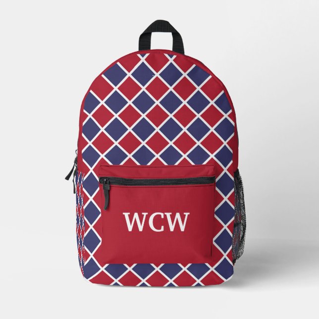 Red Blue White Harlequin Diamond Chequered Pattern Printed Backpack (Front)