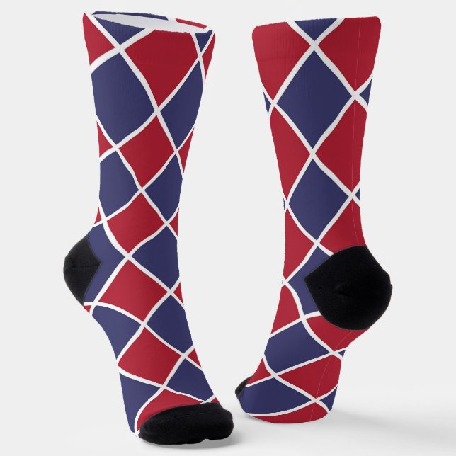 Red Blue White Harlequin Diamond Chequered Pattern Socks (Angled)