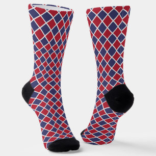 Red Blue White Harlequin Diamond Chequered Pattern Socks