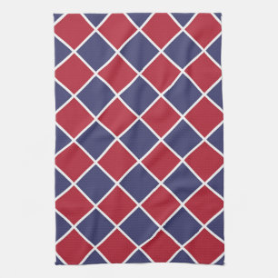 Red Blue White Harlequin Diamond Chequered Pattern Tea Towel