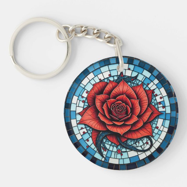 Red Blue White Mosaic Rose Flower Key Ring (Front)