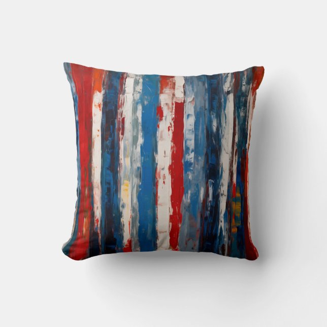 Red Blue White Painted Vertical Abstract Stripes Cushion (Front)