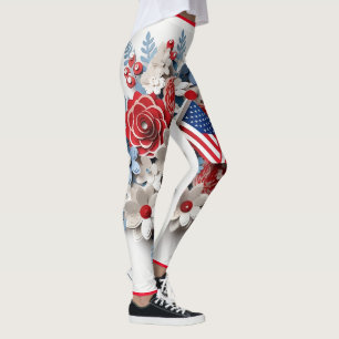 Red Blue White Patriotic 3D Flowers  Leggings