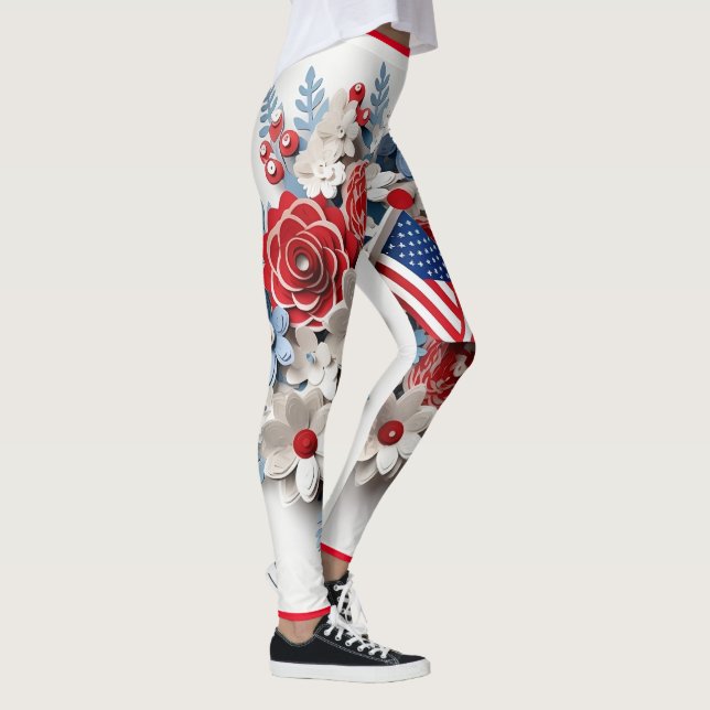 Red Blue White Patriotic 3D Flowers  Leggings (Right)