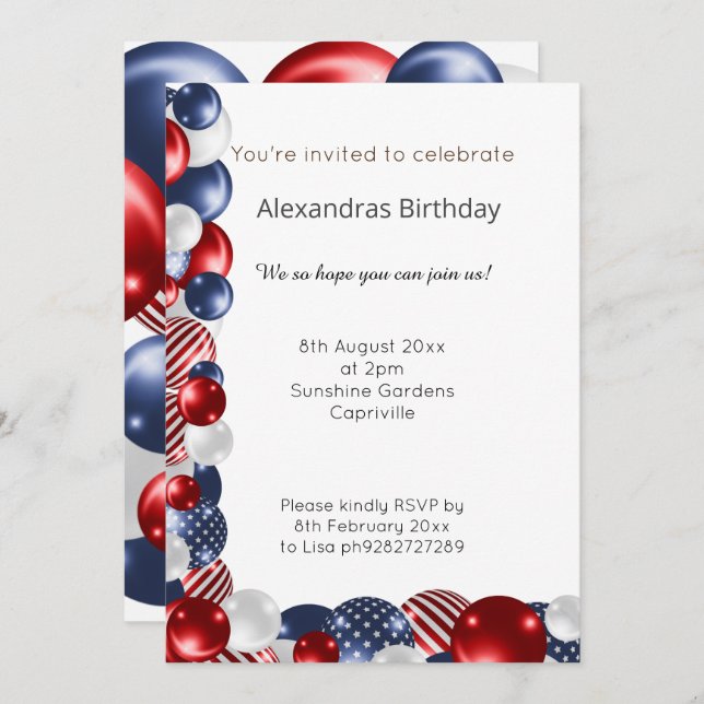 RED BLUE WHITE PATRIOTIC BALLOON 2 BIRTHDAY  INVITATION (Front/Back)