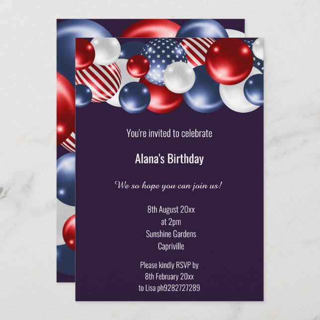 RED BLUE WHITE PATRIOTIC BALLOON BIRTHDAY 2 INVITATION (Front/Back)