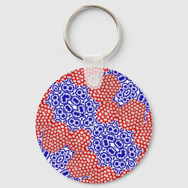 Red Blue White Polka Dot Lacy Floral Pattern Key Ring (Front)