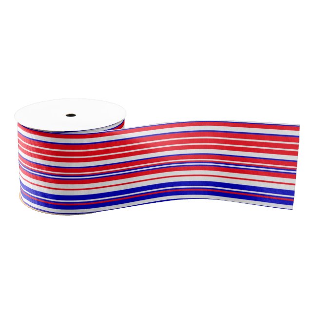 Red Blue White Stripes Cool Modern Unisex Pattern Grosgrain Ribbon (Spool)