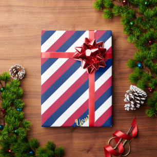Red Blue White Stripes Pattern Gold Text Patriotic Wrapping Paper