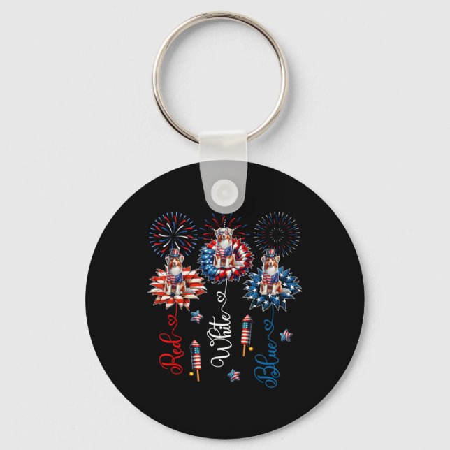 Red Blue White Three Cute Australian Shepherds 4th Key Ring (Front)