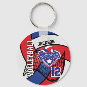 Red, Blue & White Volleyball Design Key Ring