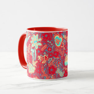 RED BLUE  WHITE WILD FLOWERS TULIPS,LEAVES FLORAL MUG