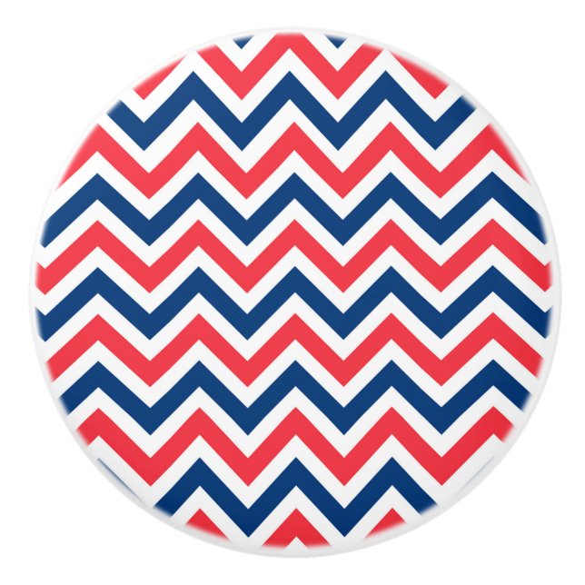 Red Blue White Zig Zag Lines Geometric Baseball Ceramic Knob (Front)