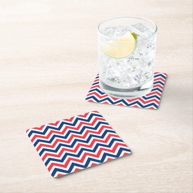 Red Blue White Zig Zag Lines Geometric Baseball Square Paper Coaster (Insitu)