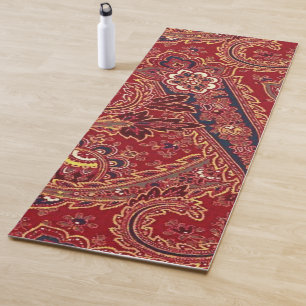 Red, Blue, Yellow and White Vintage Paisley Floral Yoga Mat