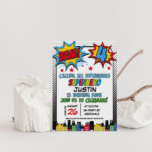 Red Blue Yellow Bam Superhero 4th Birthday  Invitation
