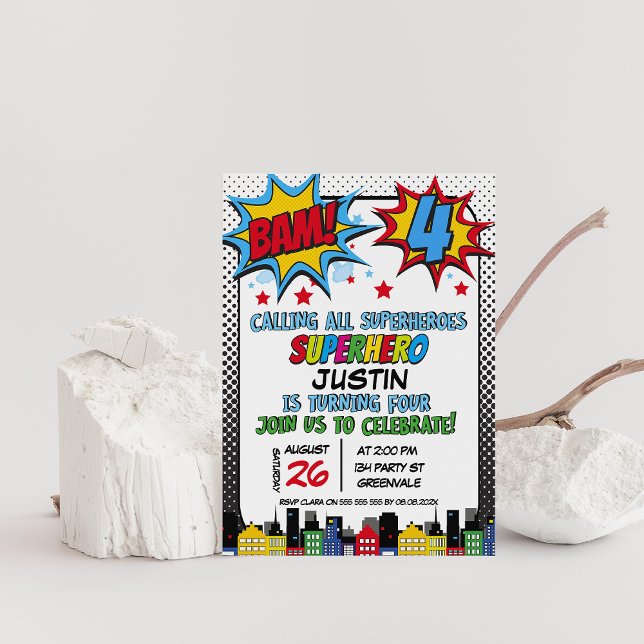 Red Blue Yellow Bam Superhero 4th Birthday  Invitation (Superhero 4th Birthday Party Invitation, Bam superhero birthday invitation, Calling all superheroes)