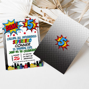Red Blue Yellow Bam Superhero 5th Birthday Invitation